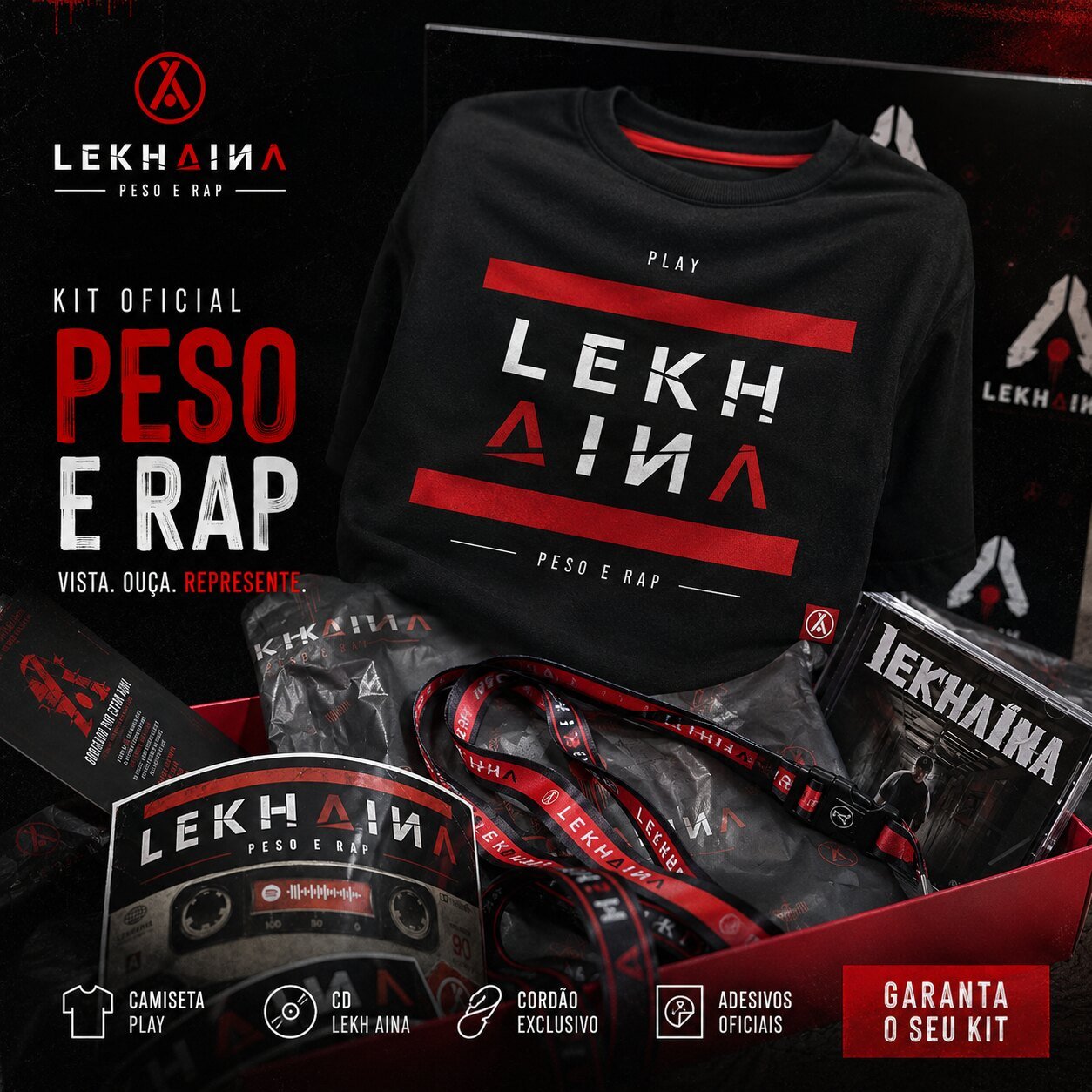 Kit Oficial LEKHAINA PESO E RAP — camiseta Play, CD, cordão exclusivo e adesivos oficiais